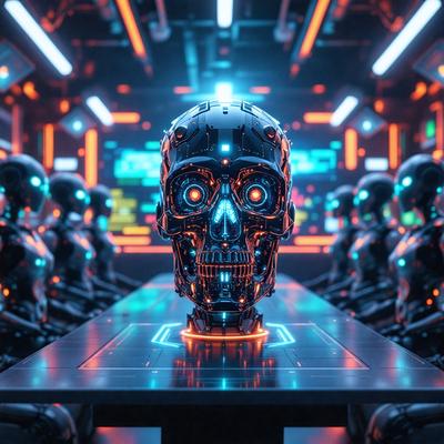 The primary subject of the image is a robotic head, which is the main focus of the scene. The setting is a futuristic environment, with a table and a row of chairs in the background. The visual style is a combination of photo and digital art, creating a unique and intriguing atmosphere. The dominant colors in the image are blue and orange, which contribute to the futuristic and technological mood.